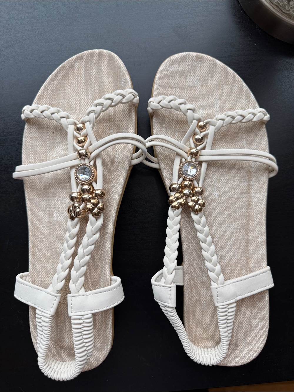 Braided Ivory T-Strap Sandals with Gold Jewel Detail